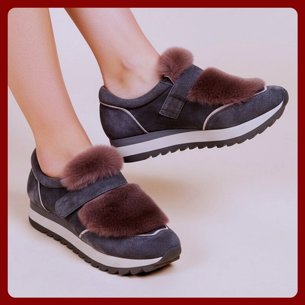 Ekonika Gray‎ Suede Platform Sneakers Women's Size 6 36 Fur Trim Hook Loop Strap